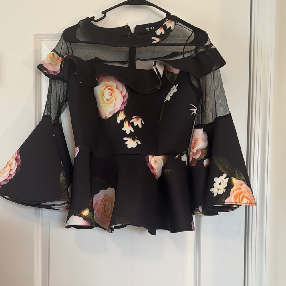 Black and Pink Asymmetrical Blouse with Flutter Sleeves and Ruffled Design